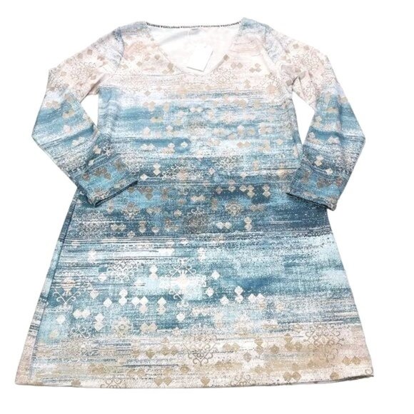 NWT Exclusive Heart Blue and Tan Long Sleeve V-Neck Sheath Dress Size Large - Picture 1 of 5
